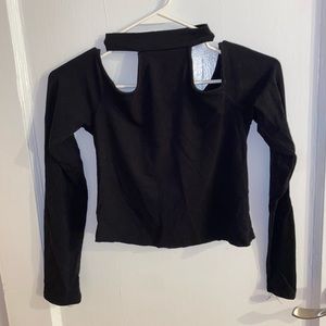 Black off the shoulder long sleeve halter top